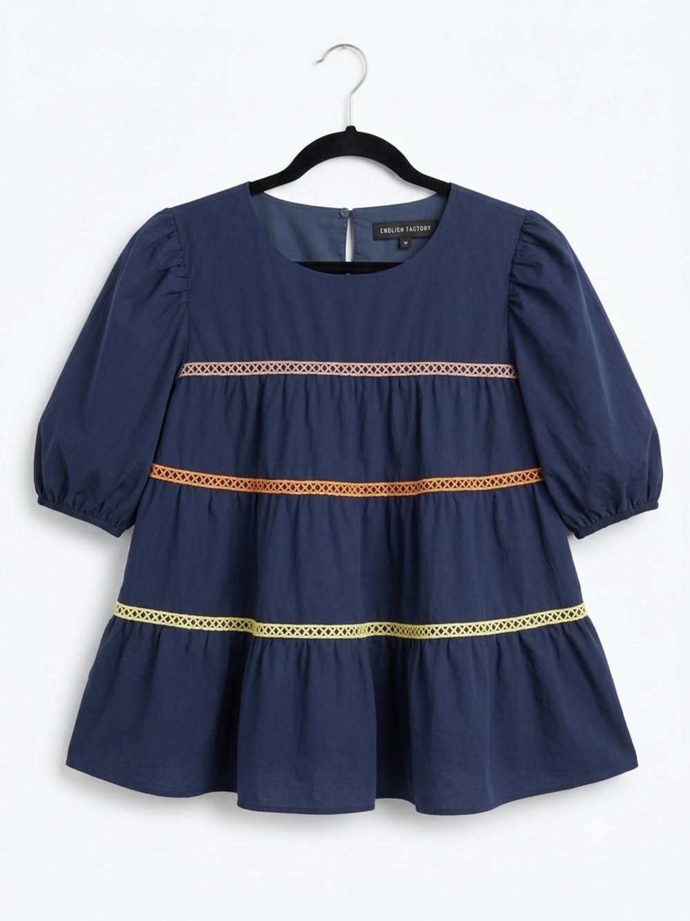 English Factory Navy Blue Tiered Babydoll Puff Sleeve Blouse with Crochet Trim L